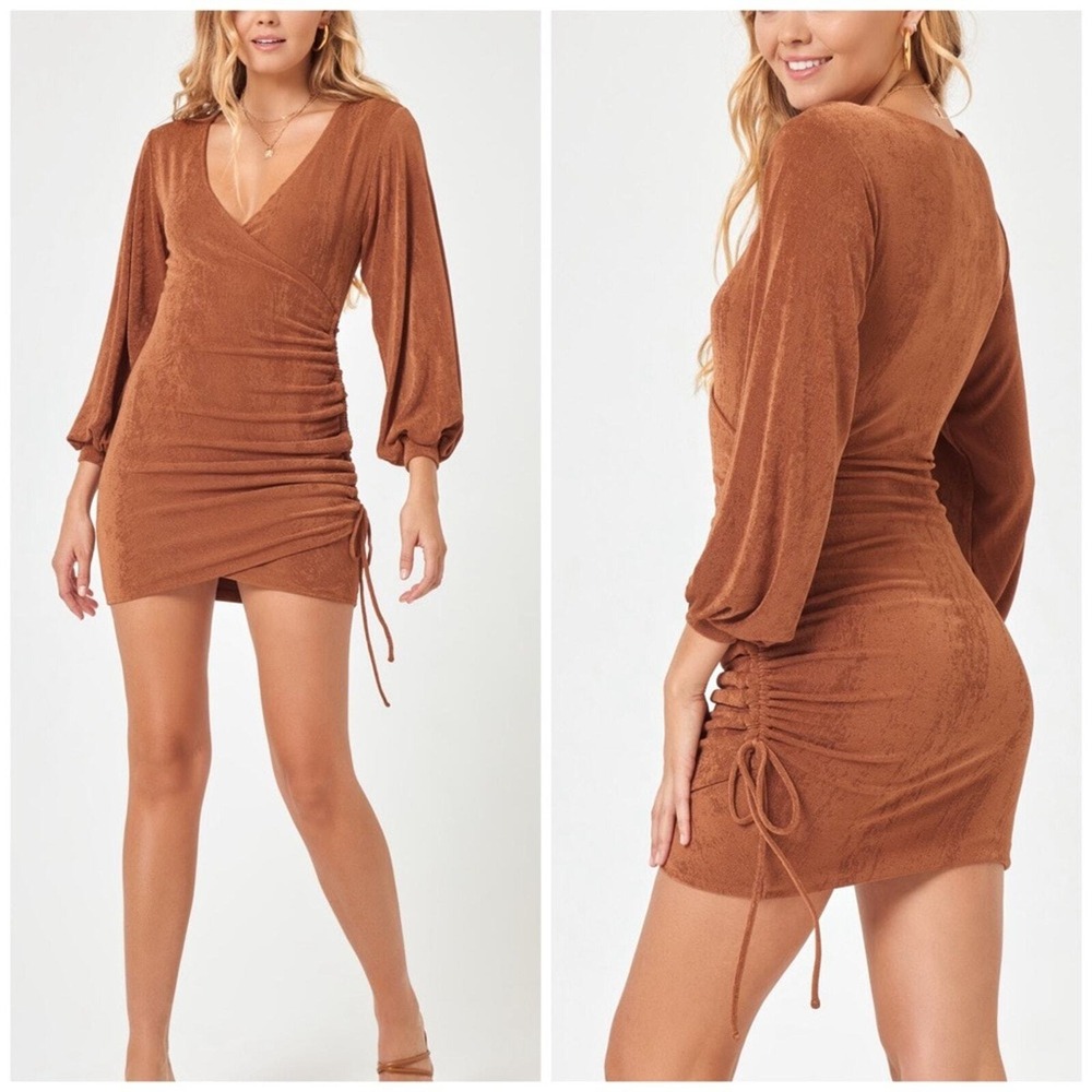 L*Space Melissa Dress Cinnamon Brown Ruched Side Mini Wrap V-Neck Long Sleeve L